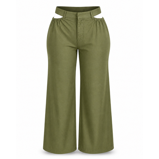 Olive cutout waist wide-leg pants with high-rise fit and elastic waistband, flowy silhouette front view. 