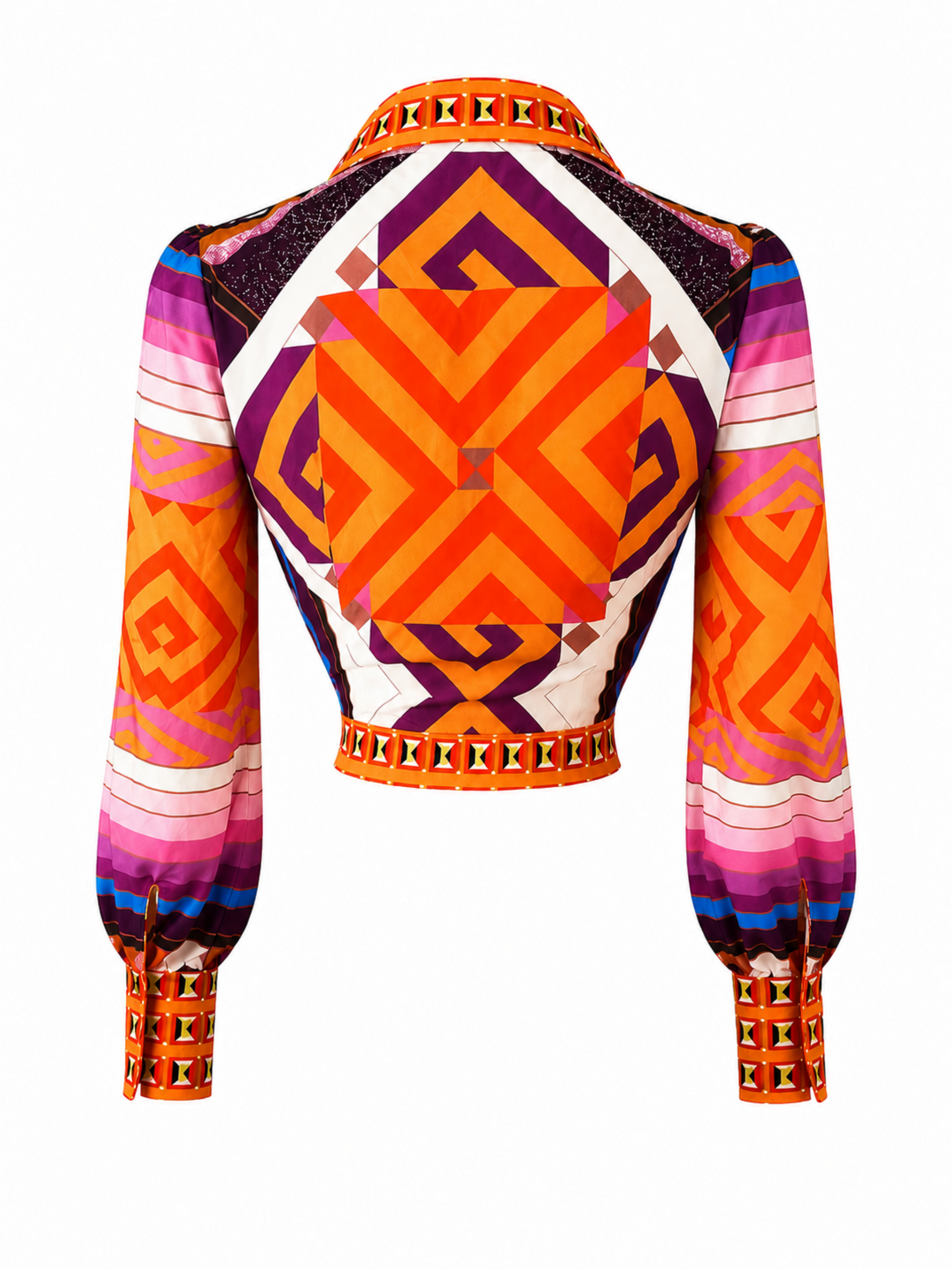 Back view of Piecez rust orange geometric crop blouse with bold abstract print, fitted cropped waist, and long puff sleeves. 