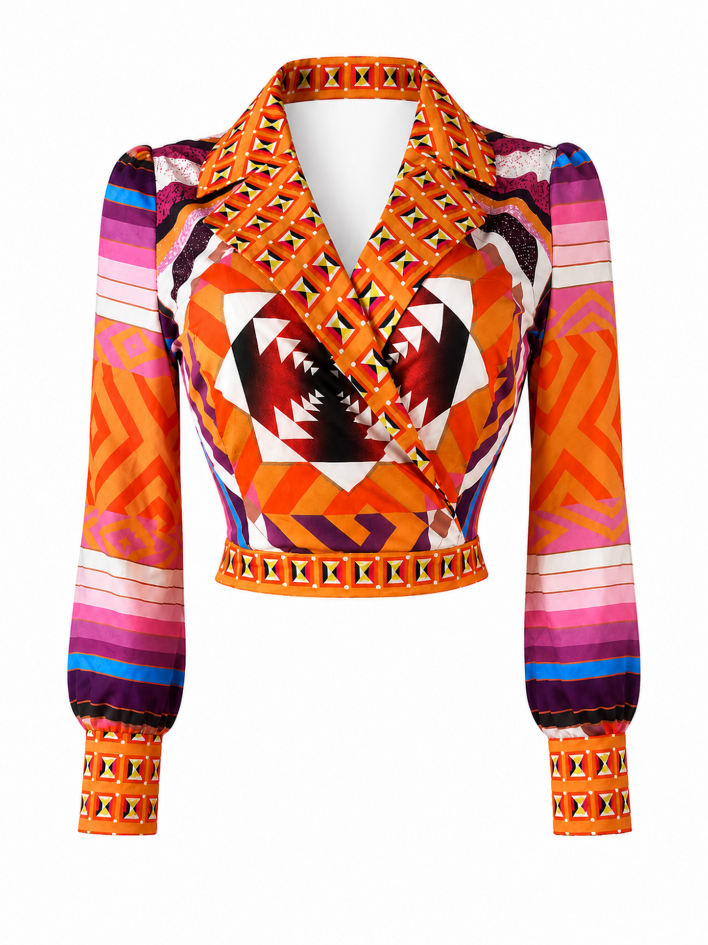 Piecez rust orange geometric wrap crop blouse featuring abstract multi print, collared neckline, puff sleeves, and cropped fit. 
