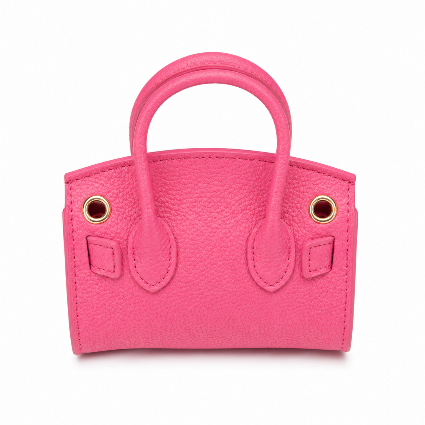 Pink mini satchel handbag back view featuring a structured silhouette, dual top handles, textured finish, and detachable shoulder strap.