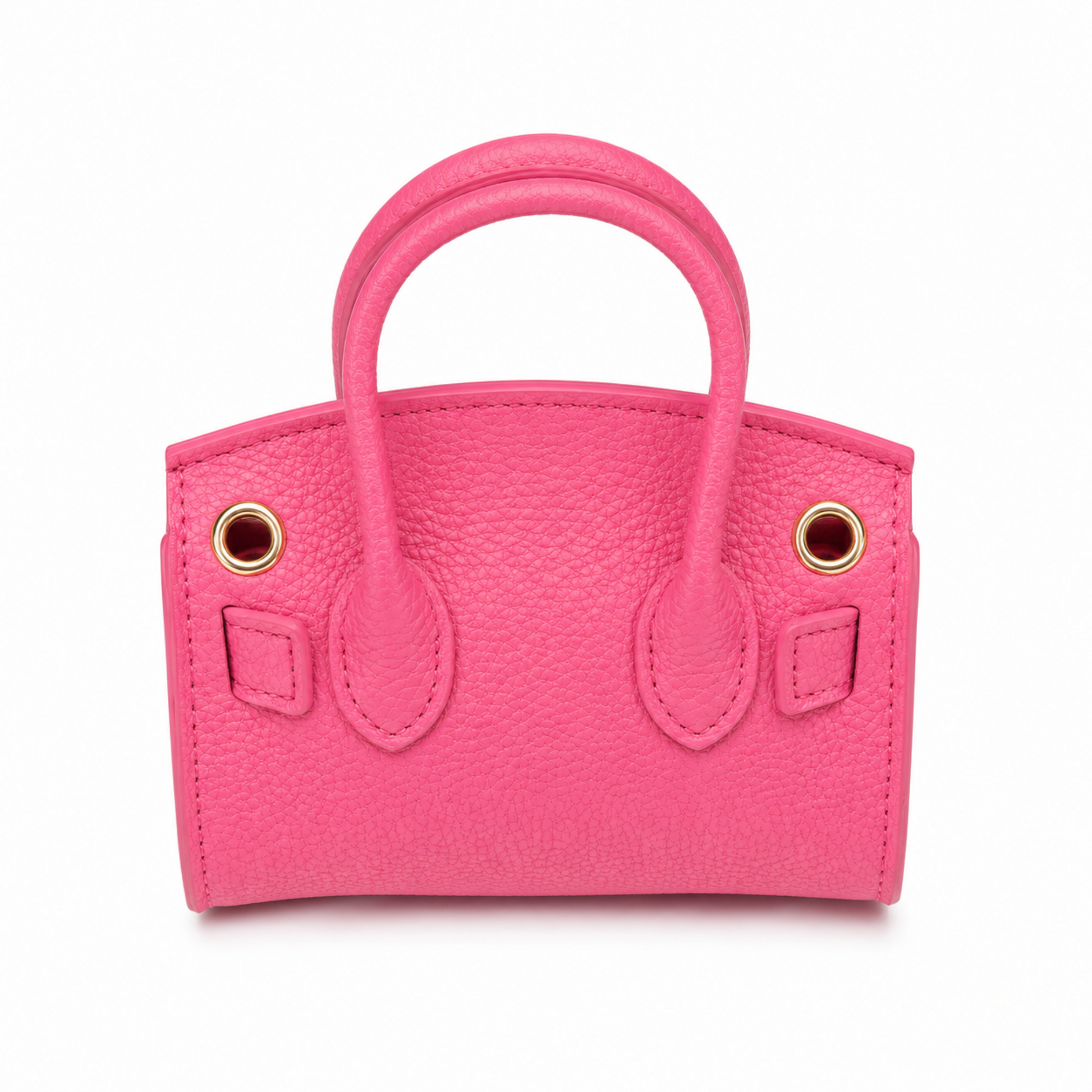 Pink mini satchel handbag back view featuring a structured silhouette, dual top handles, textured finish, and detachable shoulder strap.