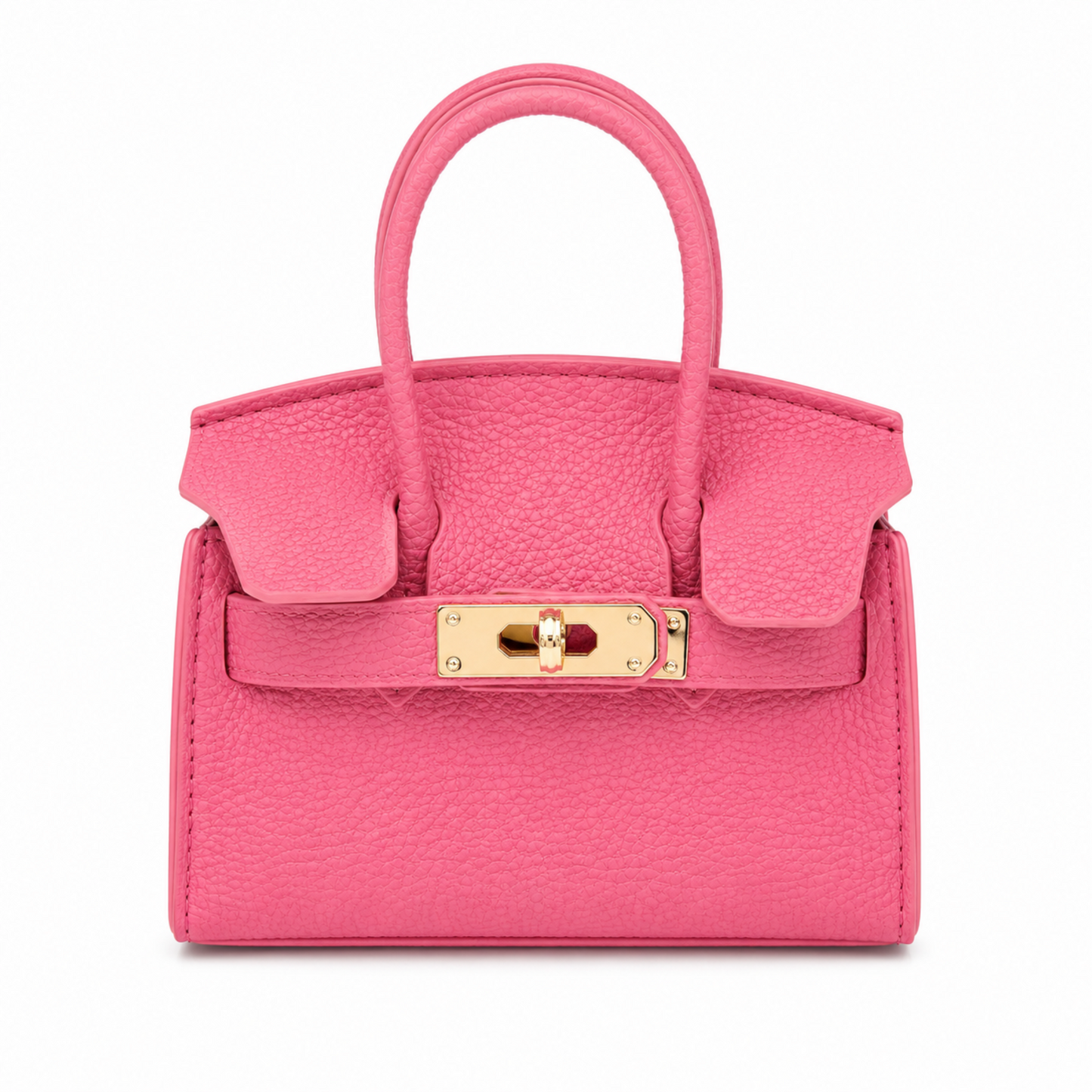 Pink mini satchel handbag with detachable shoulder strap, structured silhouette, dual top handles, gold-tone hardware, and textured finish.