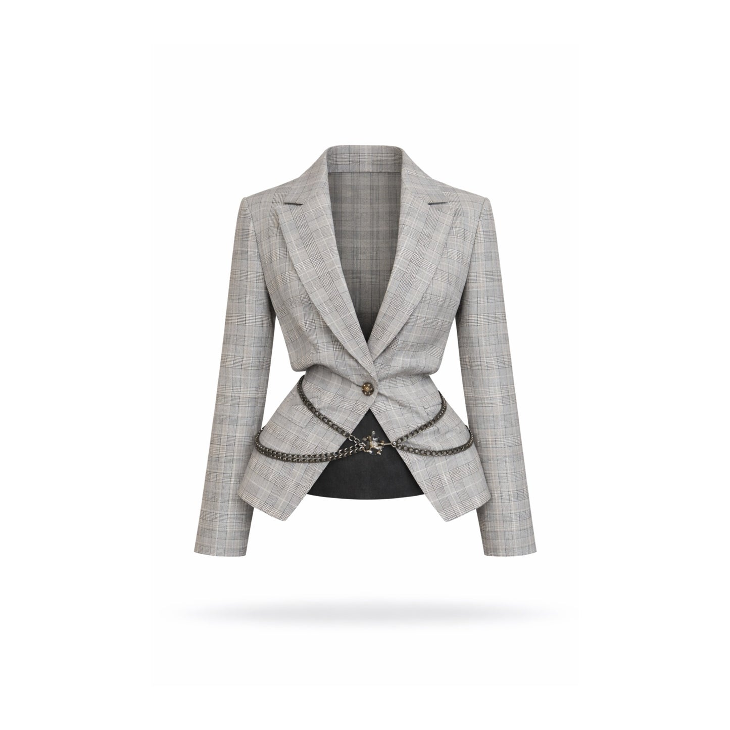 Women's grey plaid blazer with lapel collar, long sleeves, embellished buttons, cut-out accents, and waist chain detail.