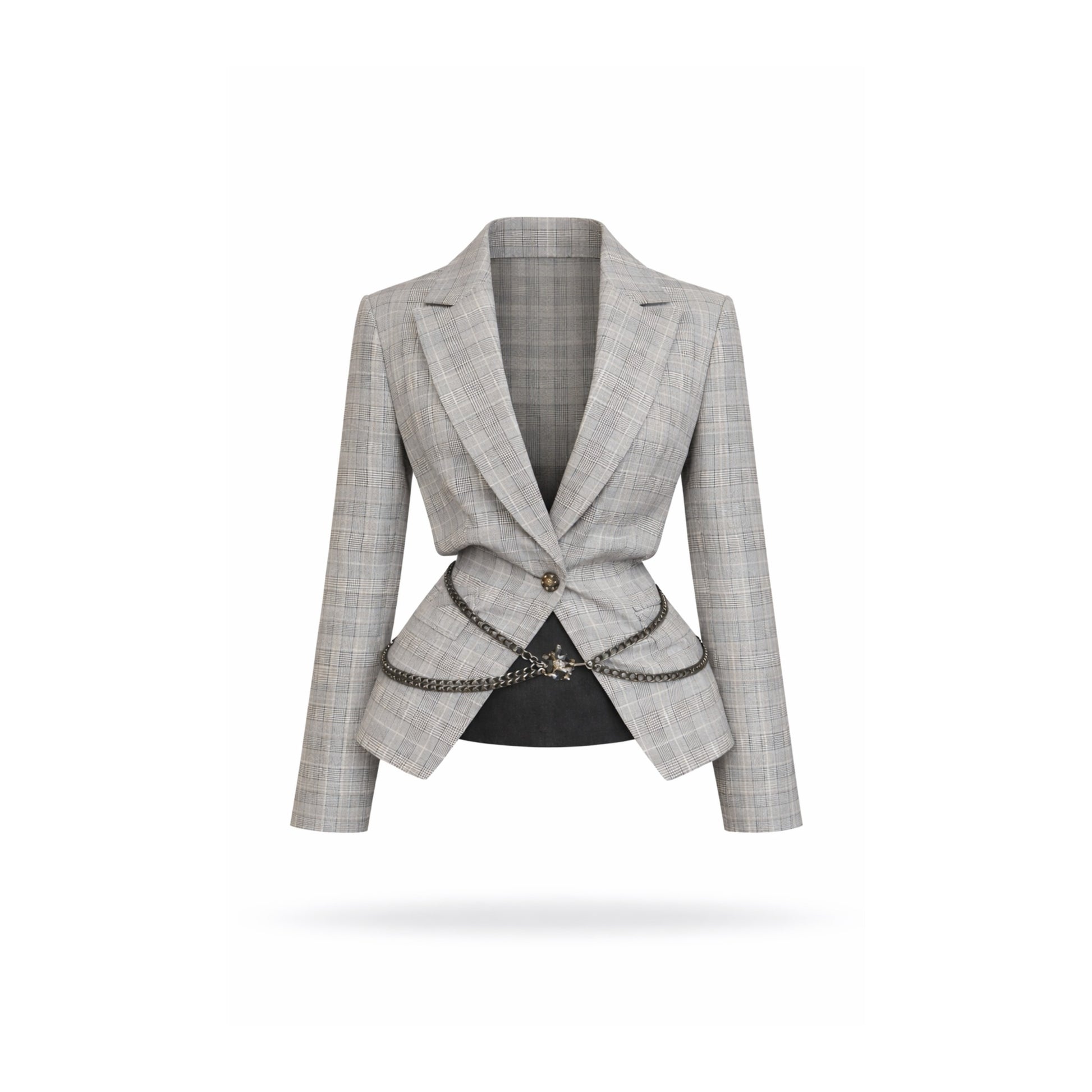 Women's grey plaid blazer with lapel collar, long sleeves, embellished buttons, cut-out accents, and waist chain detail.