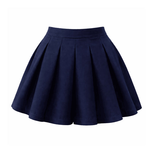 Back view of navy blue pleated mini skort with flared hem and structured pleats.