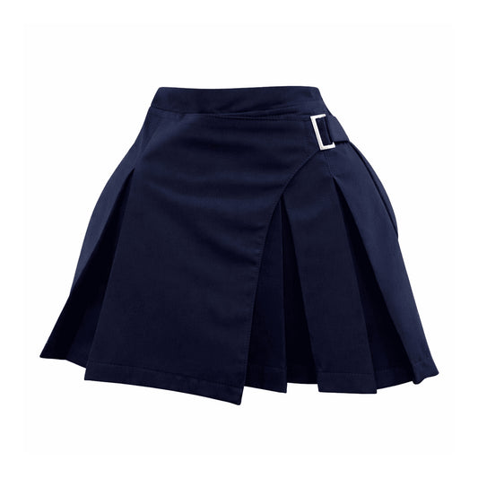 Navy blue pleated wrap mini skort with buckle detail and layered pleats. 