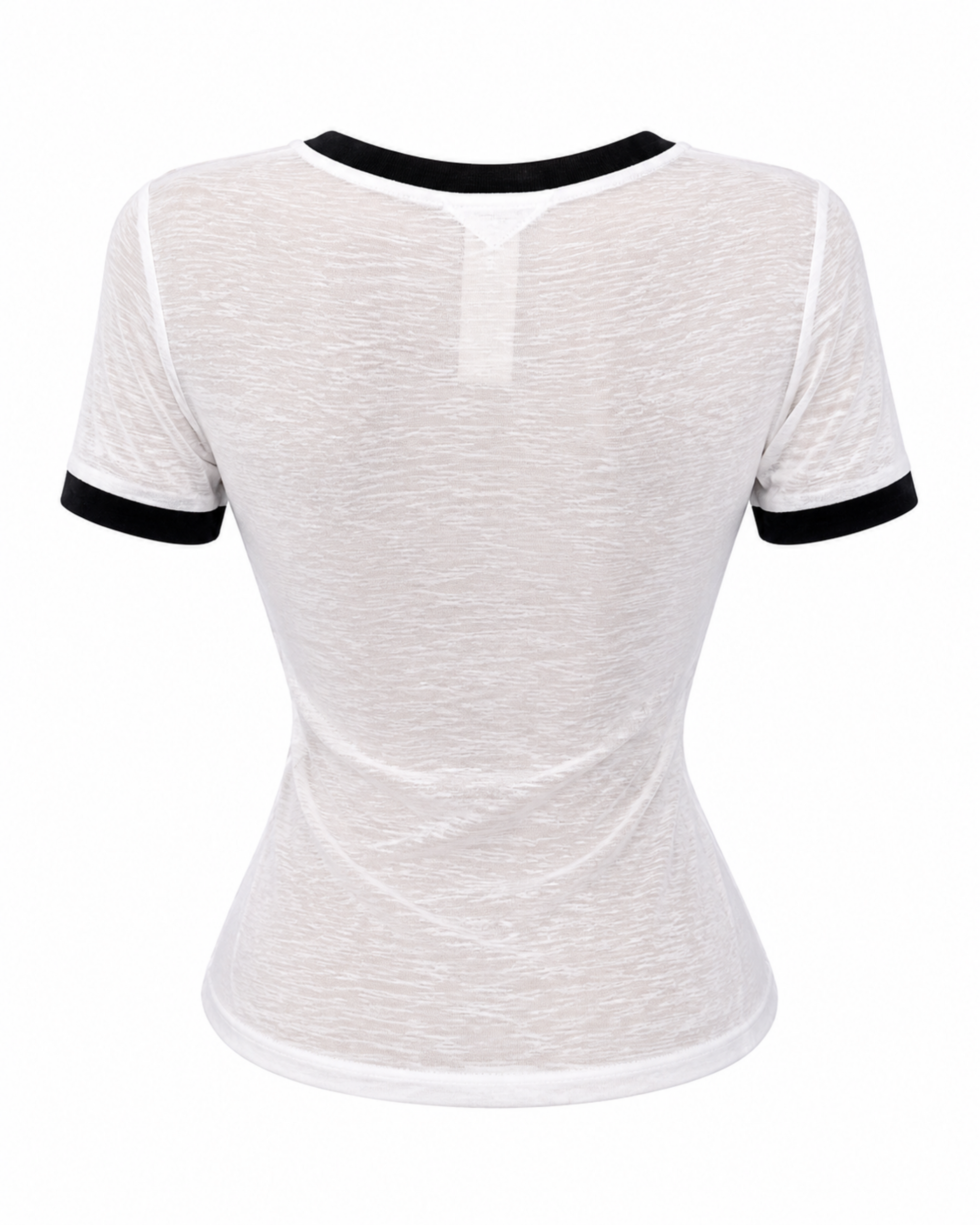 Back view of Project Supermodel sheer mesh fitted tee in black and white.
