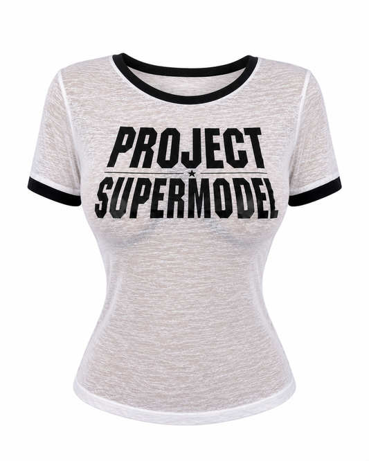 Project Supermodel sheer mesh fitted tee in black and white.
