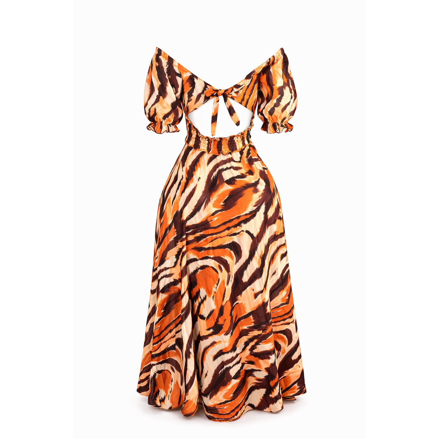 Back view of orange multi-color tiger print maxi dress with puff sleeves, open back tie detail, and elastic waist.