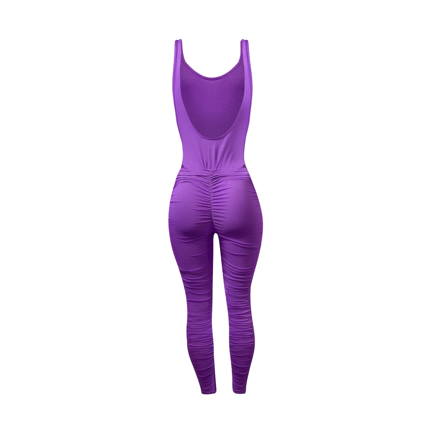 Purple sleeveless bodysuit and ruched leggings two piece set back view featuring a deep scoop back bodysuit and high waist ruched leggings with a fitted stretch silhouette.