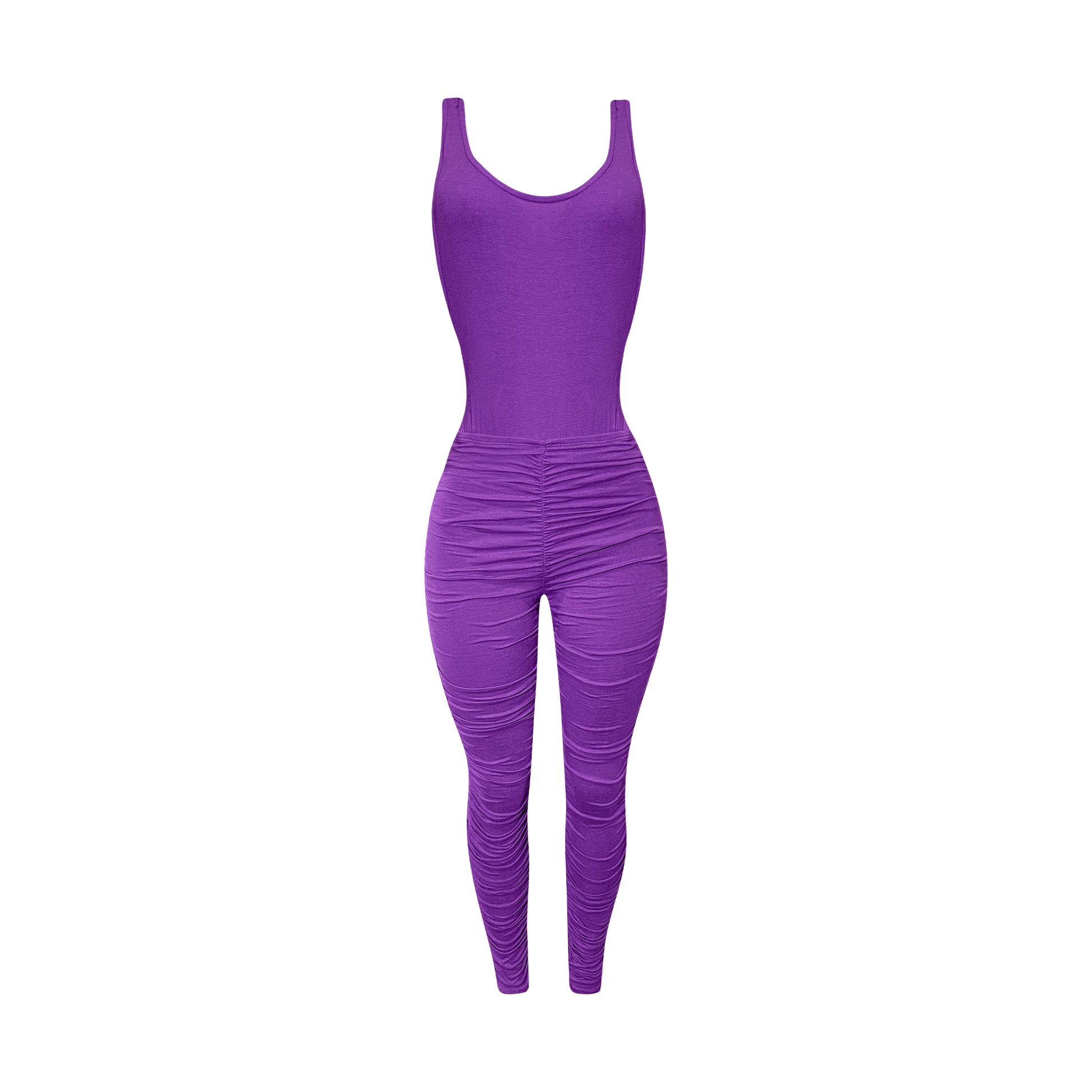 Purple sleeveless bodysuit and ruched leggings two piece set featuring a fitted stretch bodysuit and high waist ruched leggings with a sleek bodycon silhouette.