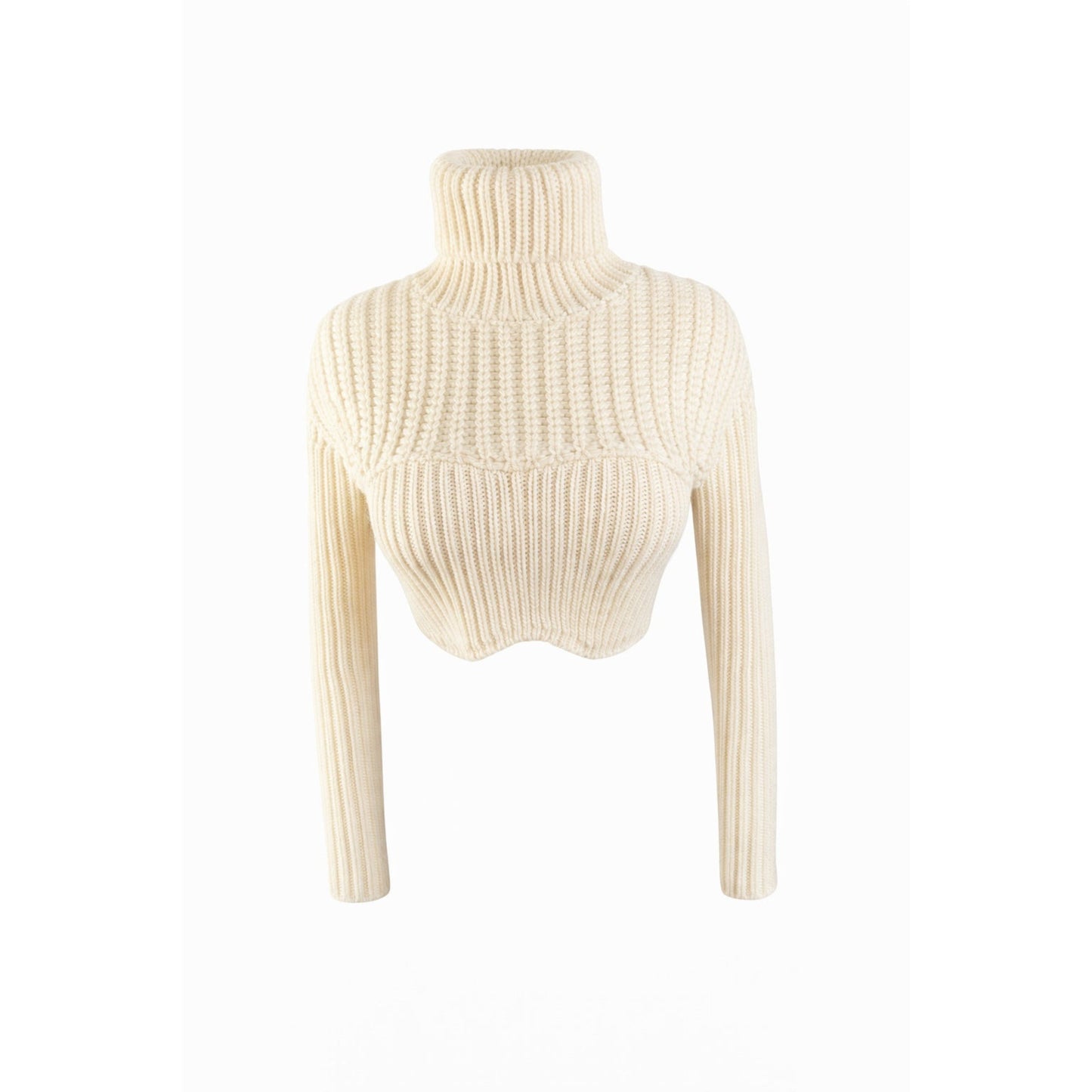 Cream chunky knit pullover sweater featuring a high turtleneck, long sleeves, ribbed texture, and cropped fit made from 100% acrylic.