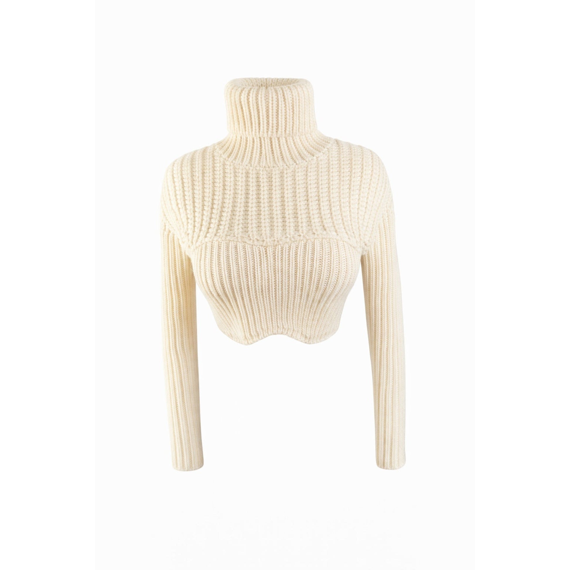 Cream chunky knit pullover sweater featuring a high turtleneck, long sleeves, ribbed texture, and cropped fit made from 100% acrylic.