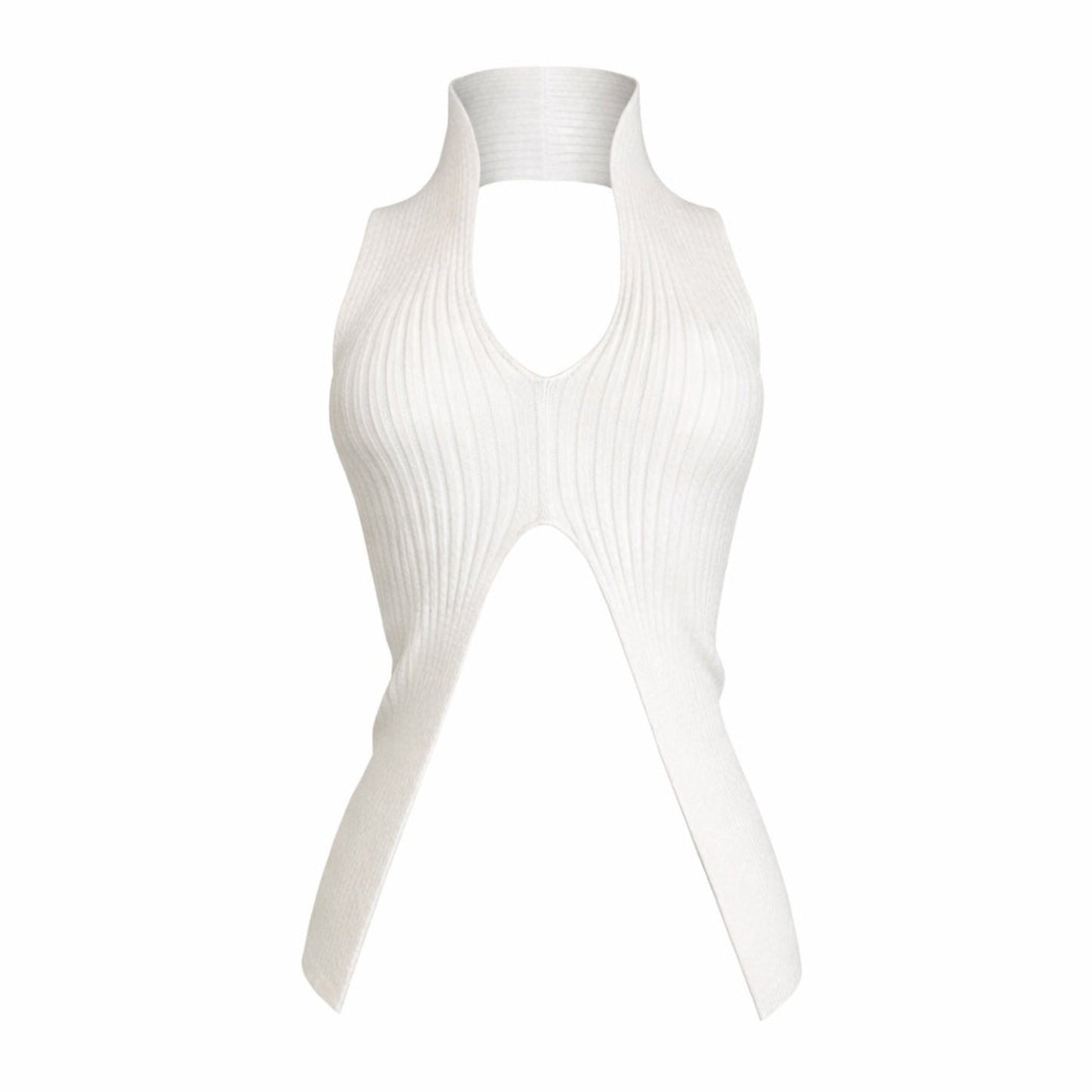 Ribbed knit halter top with front cut-out and open-back design. 