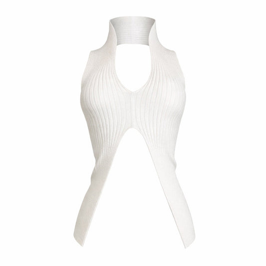 Ribbed knit halter top with front cut-out and open-back design. 