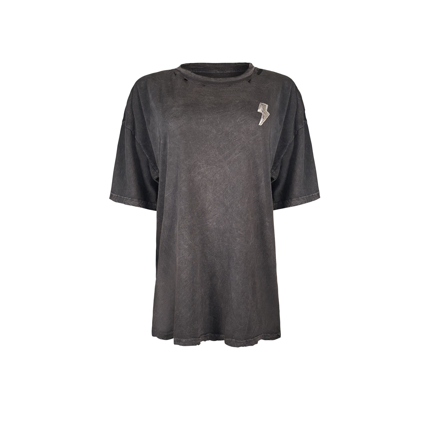 Dark gray acid wash short sleeve crewneck t-shirt featuring ACDC-inspired Rock N Roll graphics on the front and back, made from 100% cotton. Graphic saturation may vary due to printing. 