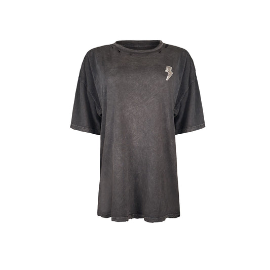 Dark gray acid wash short sleeve crewneck t-shirt featuring ACDC-inspired Rock N Roll graphics on the front and back, made from 100% cotton. Graphic saturation may vary due to printing. 