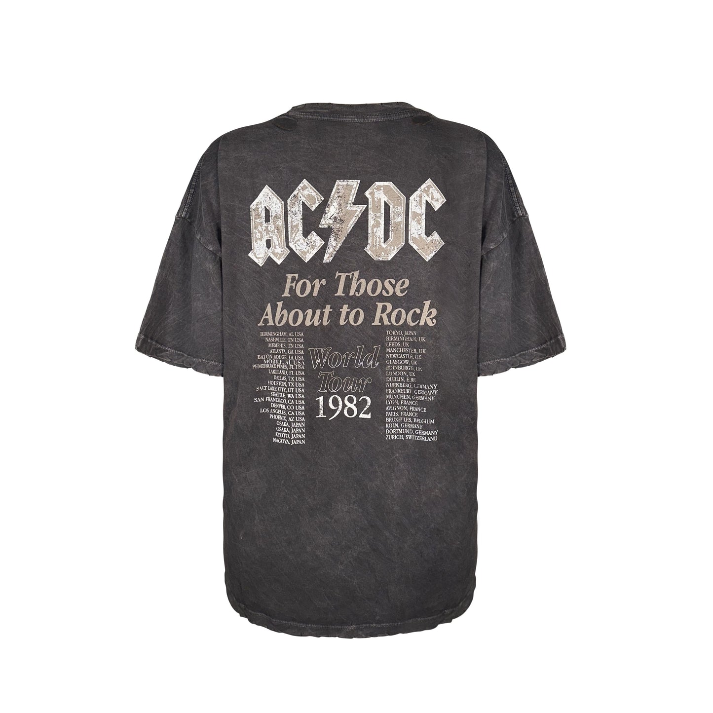 Back view of dark gray acid wash short sleeve crewneck t-shirt featuring ACDC Rock N Roll graphics and 1982 tour dates. 