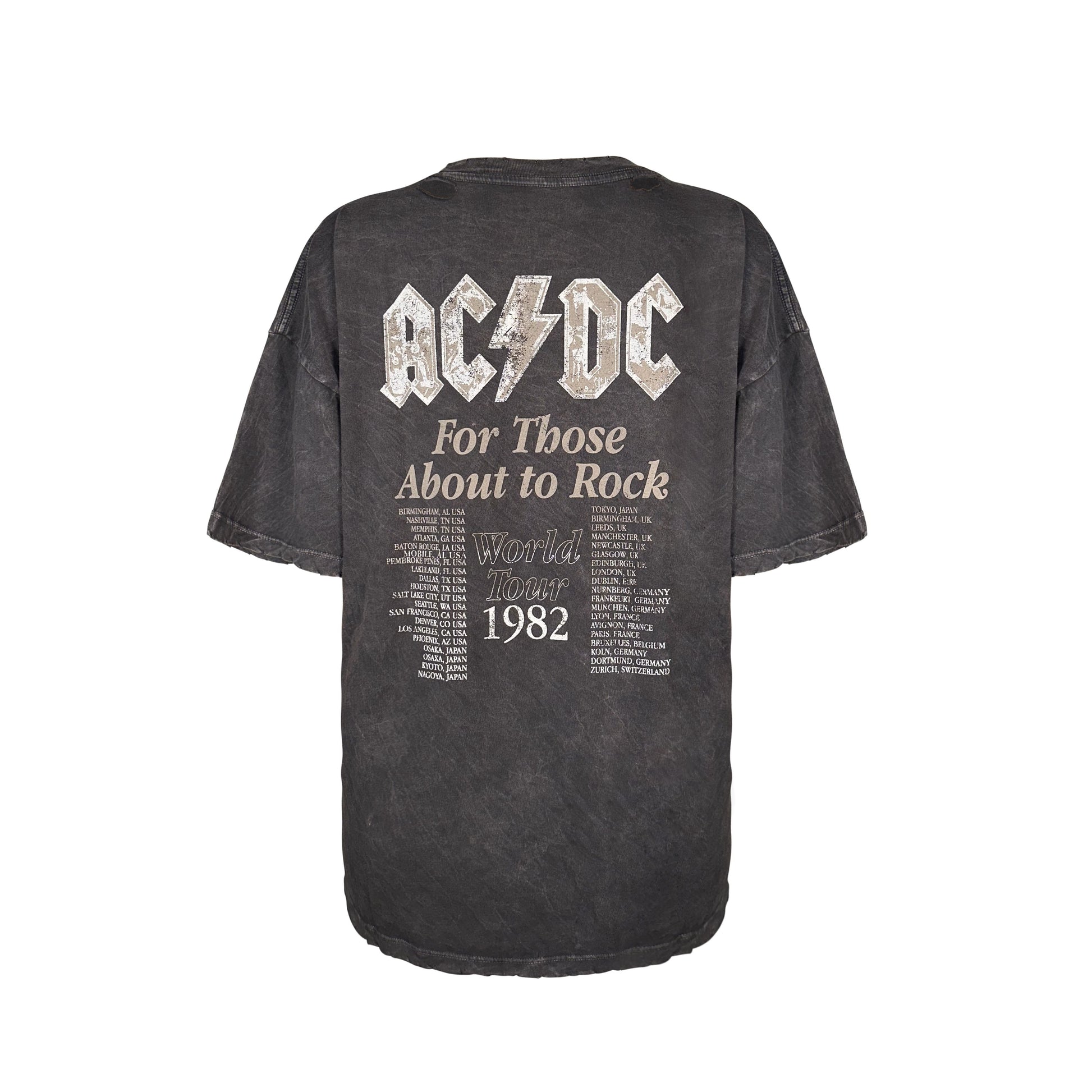Back view of dark gray acid wash short sleeve crewneck t-shirt featuring ACDC Rock N Roll graphics and 1982 tour dates. 