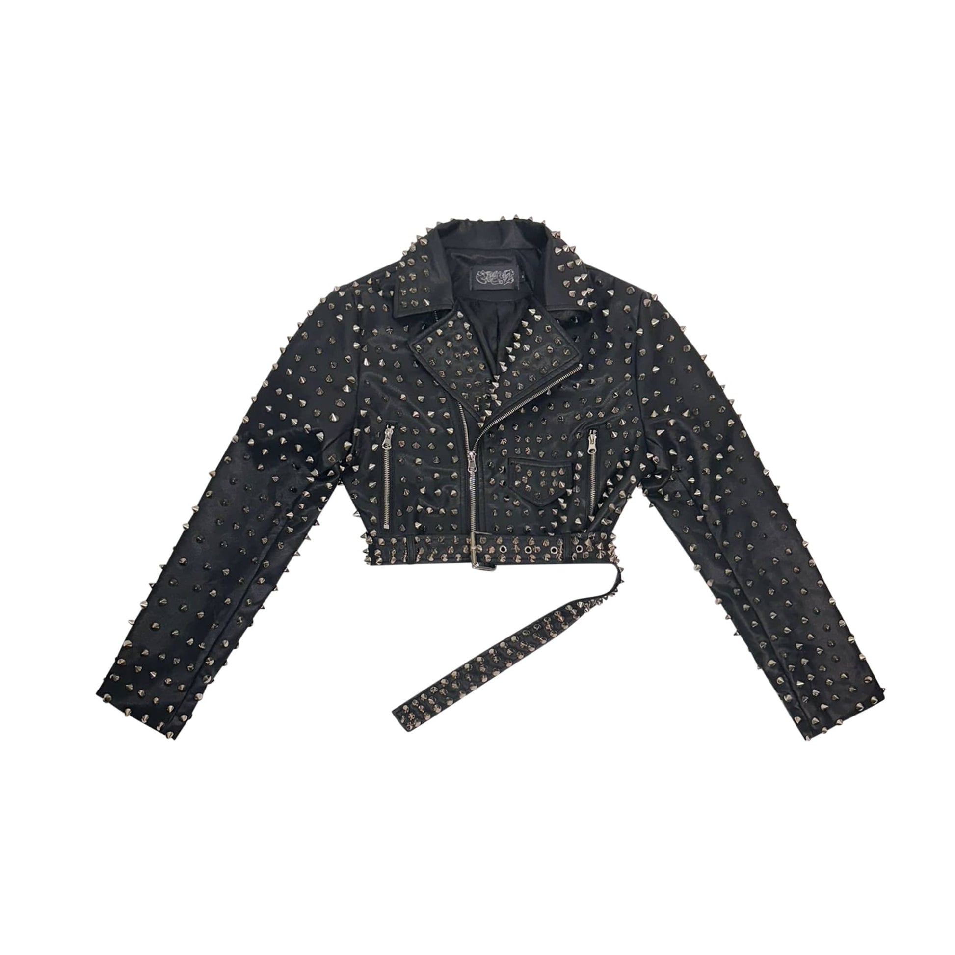  Black vegan leather long sleeve cropped jacket with studded embellished belt detail. 