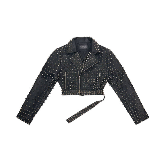  Black vegan leather long sleeve cropped jacket with studded embellished belt detail. 