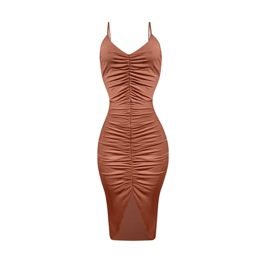 Ruched maxi dress with spaghetti straps. 