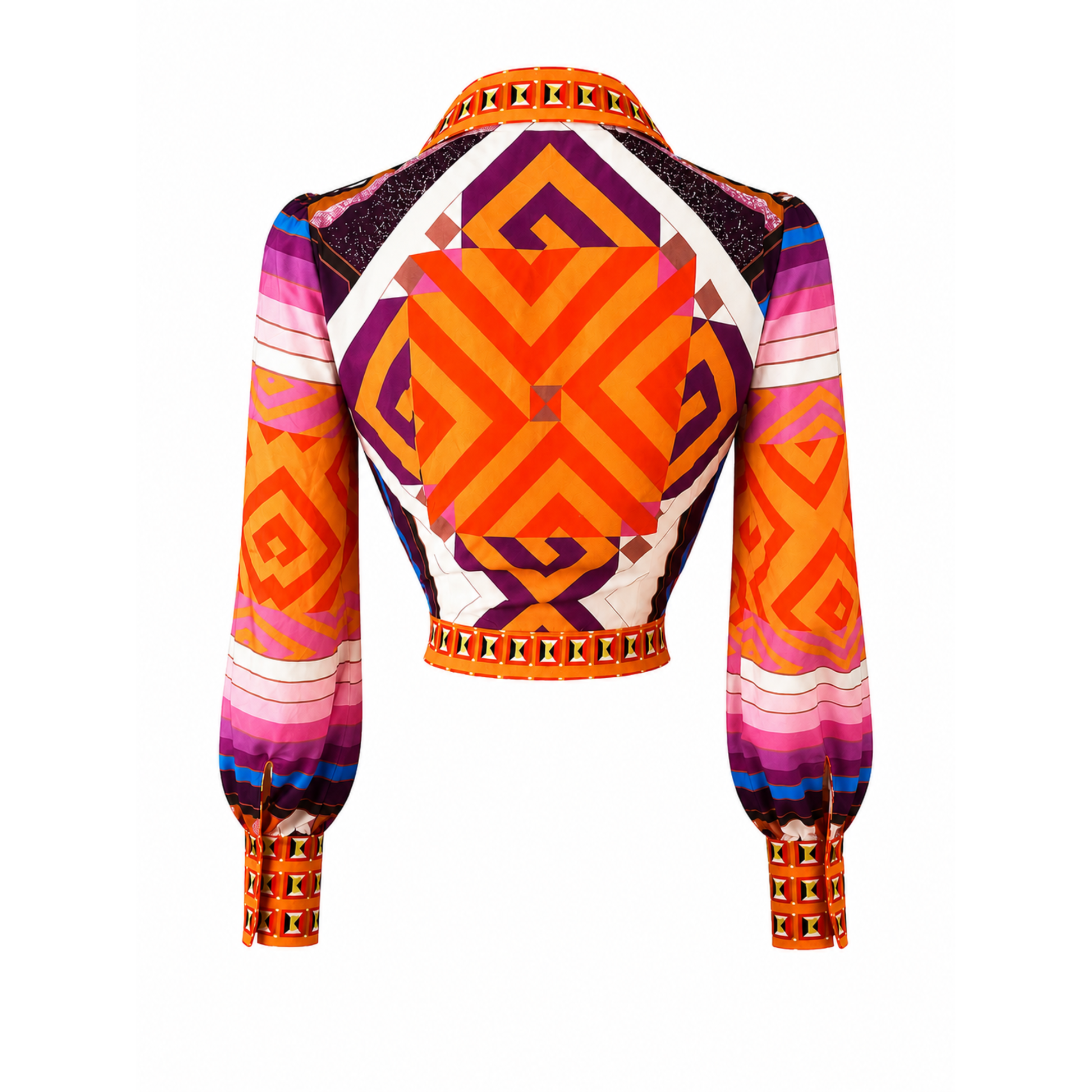 Back view of Piecez rust orange geometric crop blouse with bold abstract print, fitted cropped waist, and long puff sleeves. 