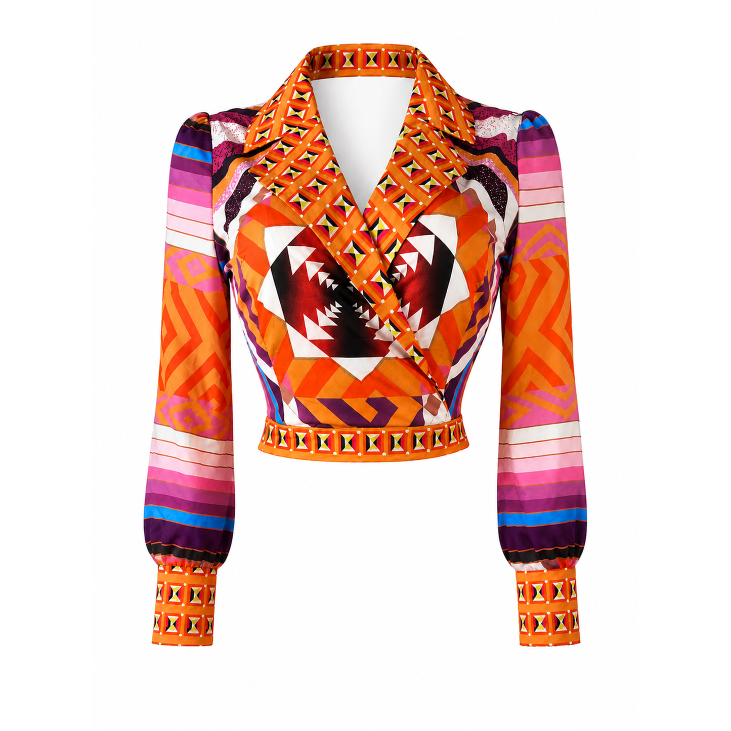 Piecez rust orange geometric wrap crop blouse featuring abstract multi print, collared neckline, puff sleeves, and cropped fit. 