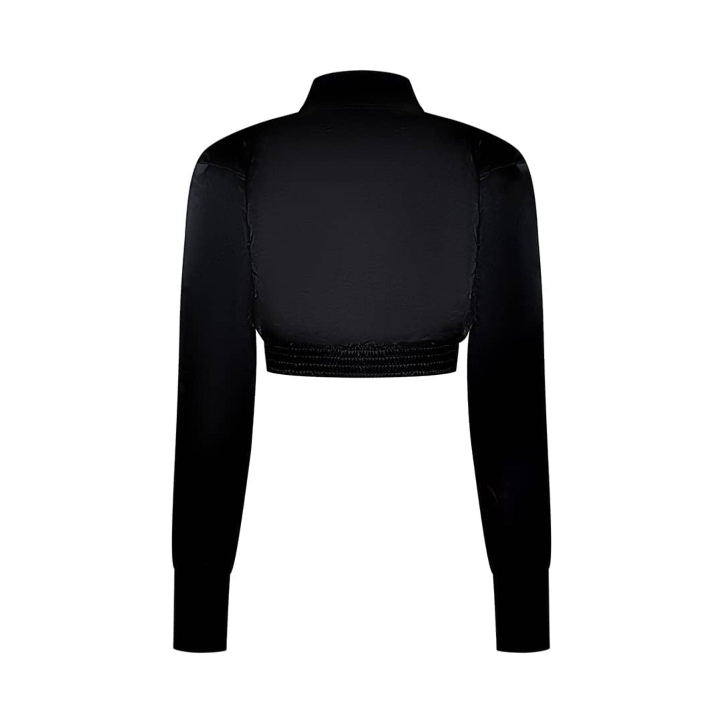 Back view of black long sleeve cropped bomber jacket with side by side zippers made from 100% polyester. 