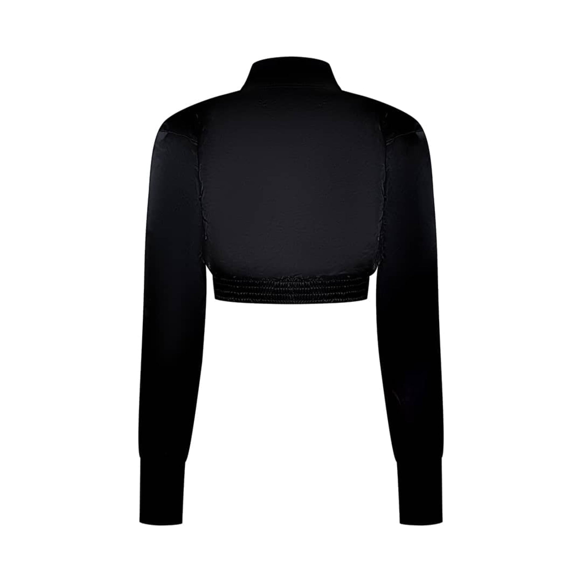 Back view of black long sleeve cropped bomber jacket with side by side zippers made from 100% polyester. 