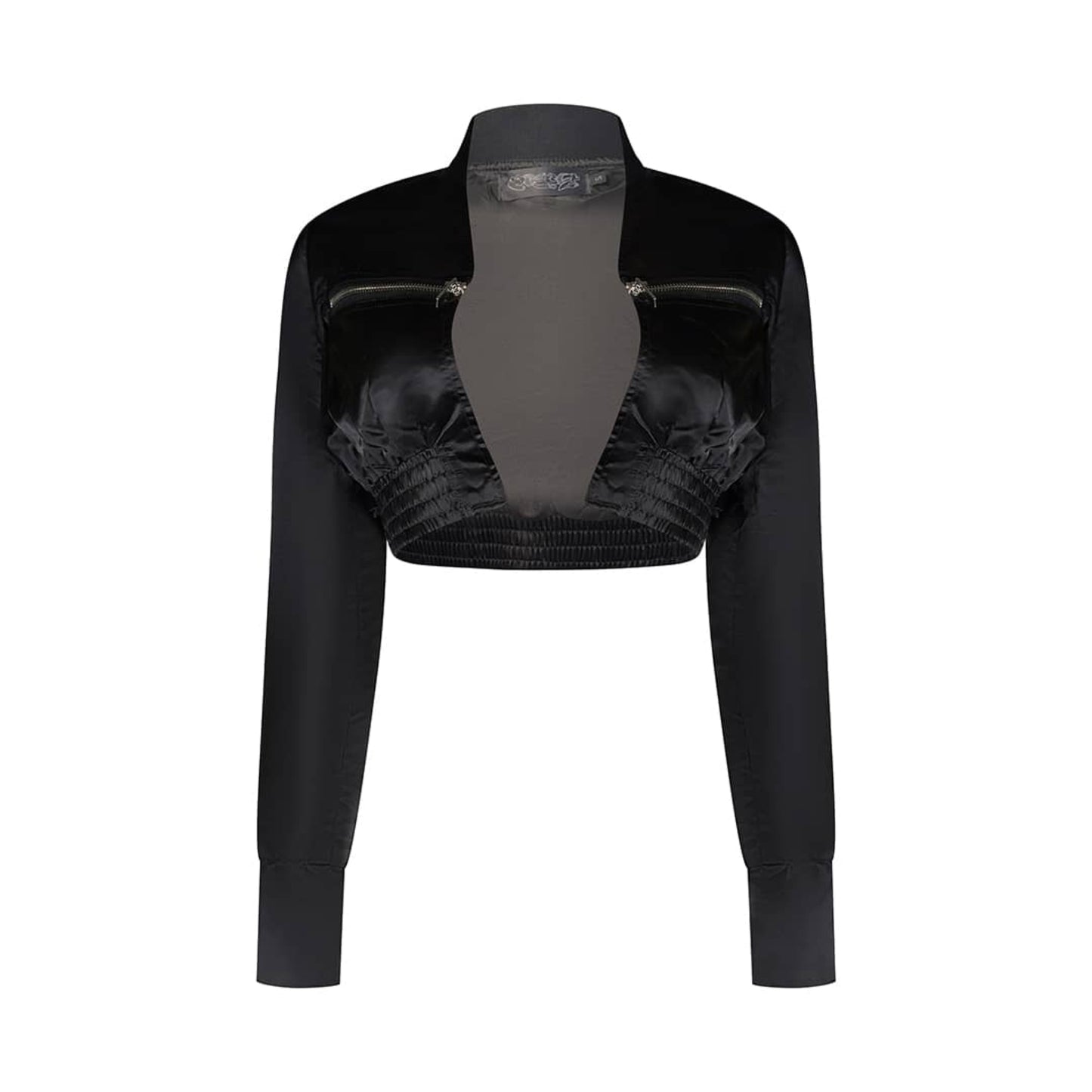 Black long sleeve cropped bomber jacket with side by side zippers made from 100% polyester. 
