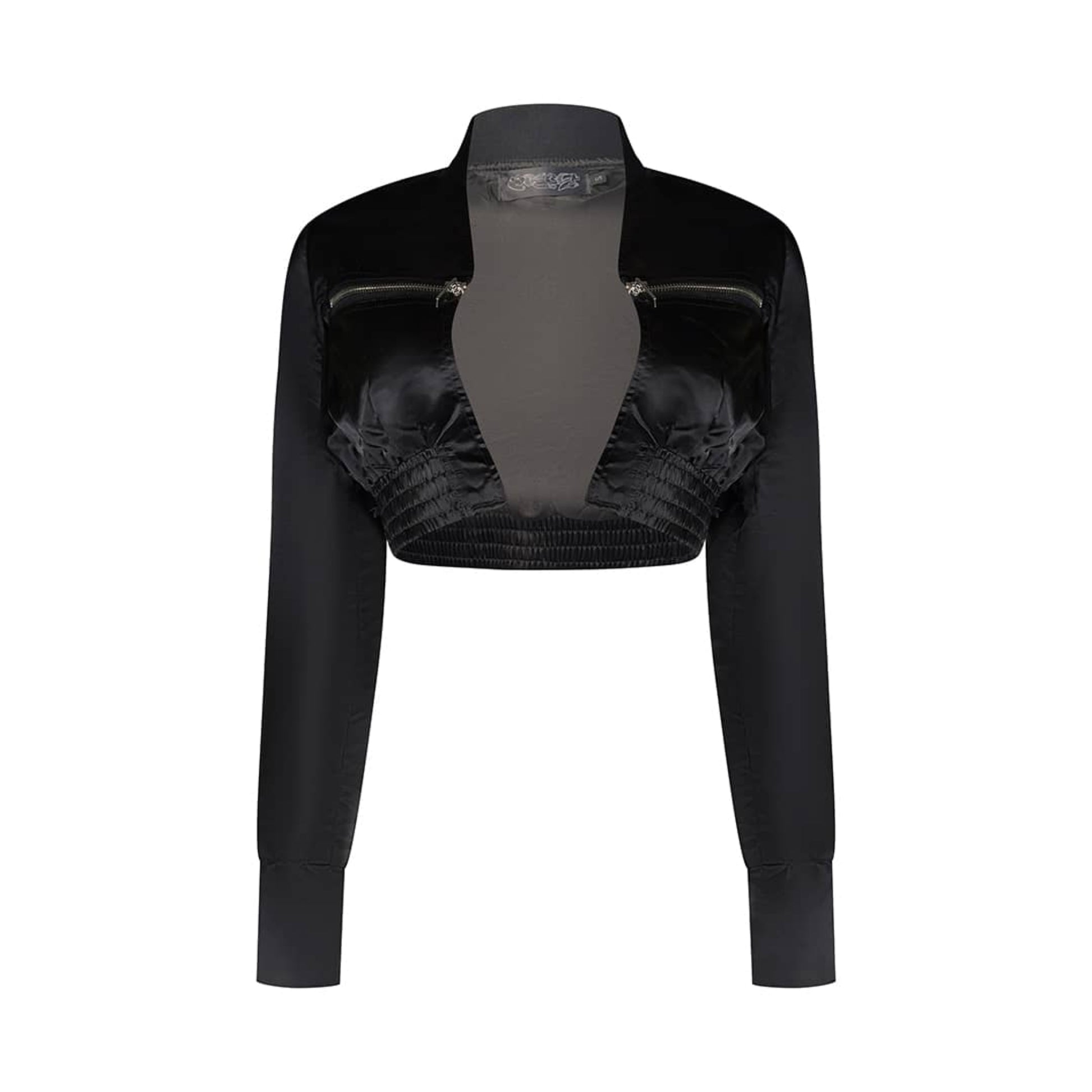 Black long sleeve cropped bomber jacket with side by side zippers made from 100% polyester. 
