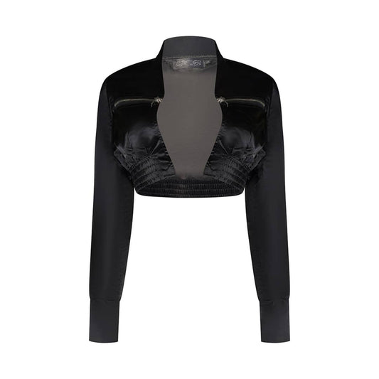 Black long sleeve cropped bomber jacket with side by side zippers made from 100% polyester. 