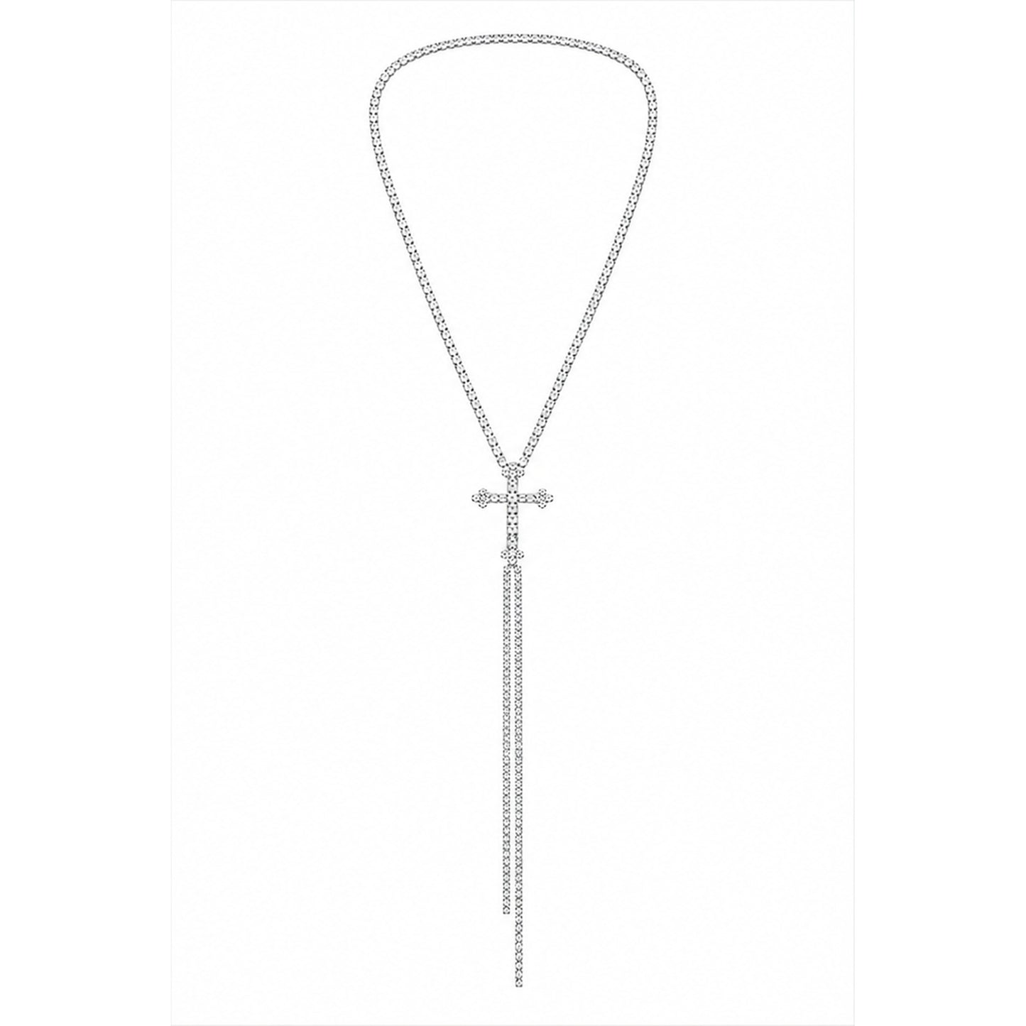 Silver Rhinestone Cross Lariat Neckless with Long Crystal Drop Chain - Women's Statement Jewelry