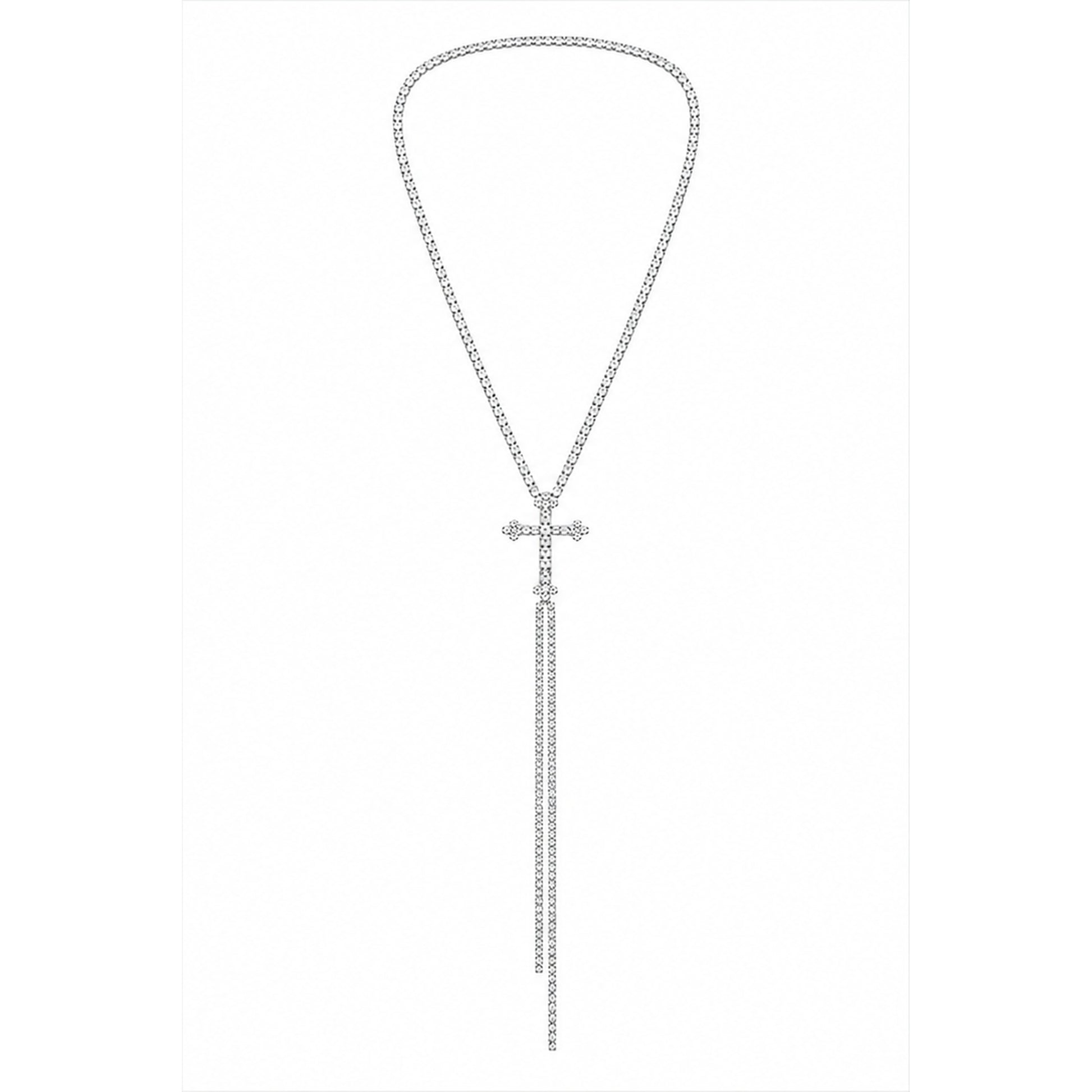 Silver Rhinestone Cross Lariat Neckless with Long Crystal Drop Chain - Women's Statement Jewelry