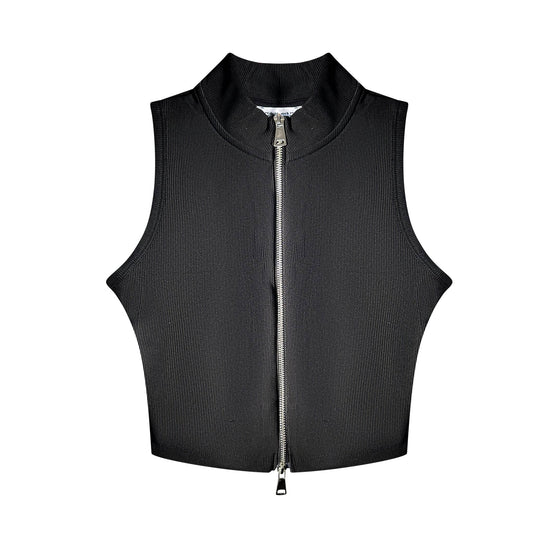Black sleeveless ribbed crop top with mock neck and two way silver front zipper detail. 
