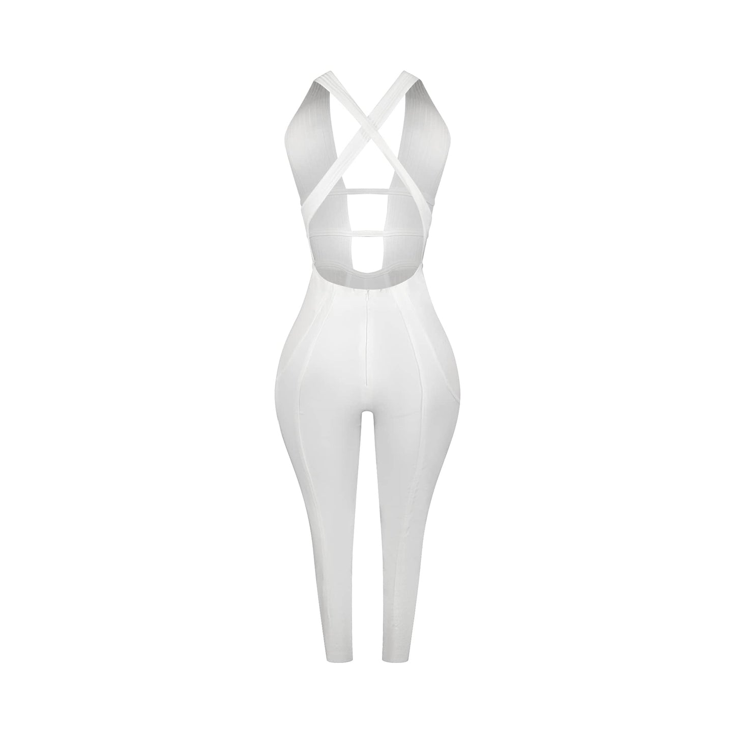 Back view of vintage white sleeveless halter bandage jumpsuit with X crossover straps and backless design in stretch fabric.