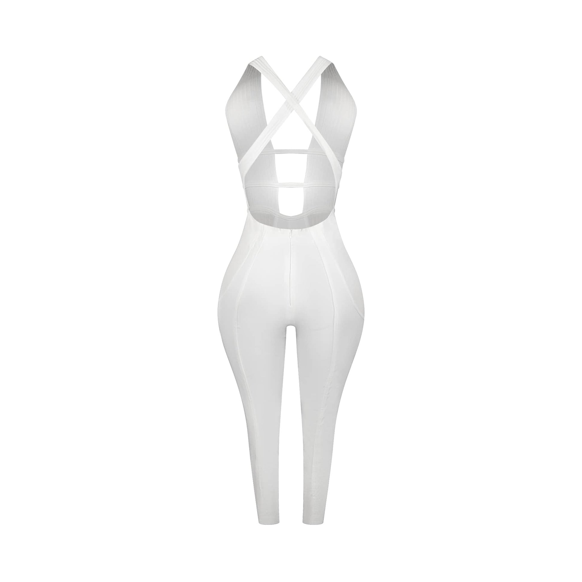 Back view of vintage white sleeveless halter bandage jumpsuit with X crossover straps and backless design in stretch fabric.