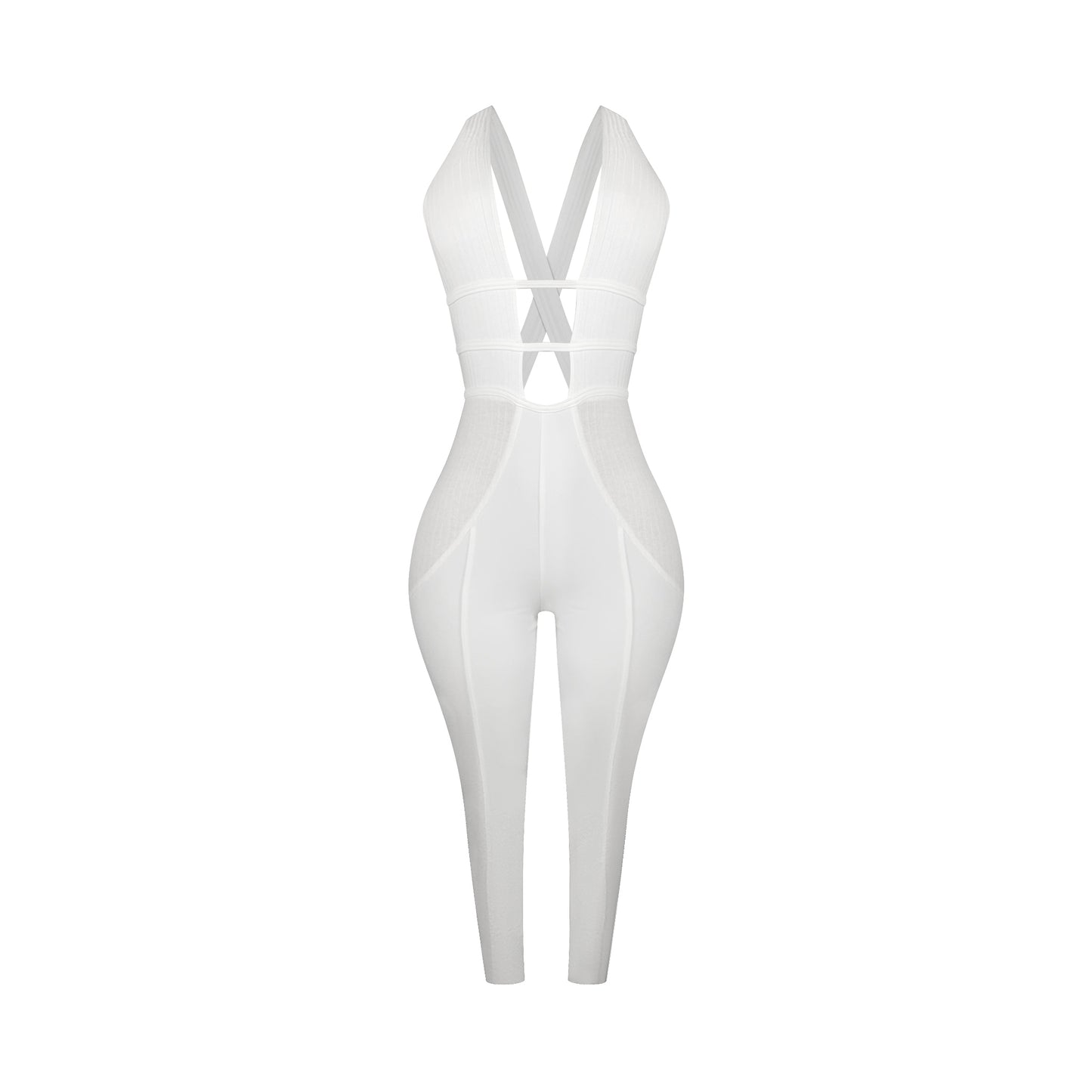 Vintage white sleeveless halter bandage jumpsuit with stretch fabric, backless design, and X crossover strap detail.
