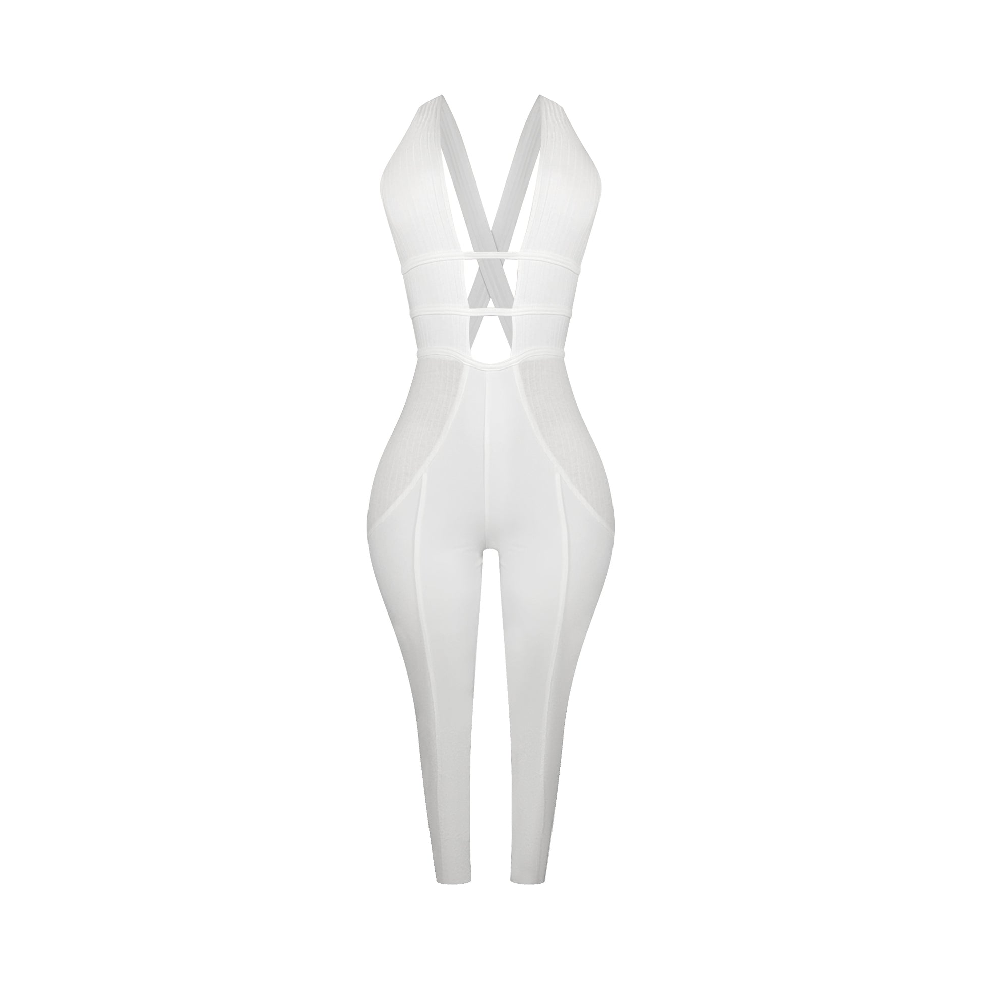 Vintage white sleeveless halter bandage jumpsuit with stretch fabric, backless design, and X crossover strap detail.

