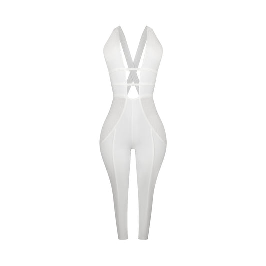 Vintage white sleeveless halter bandage jumpsuit with stretch fabric, backless design, and X crossover strap detail.
