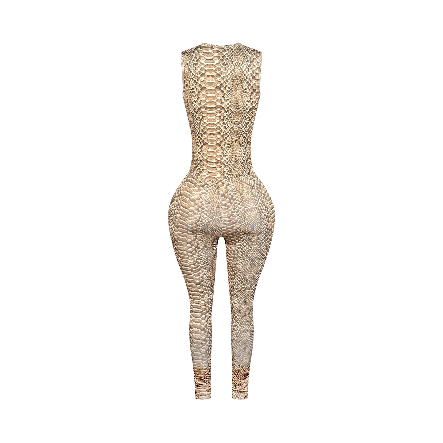 Back view of sleeveless fitted jumpsuit with beige and brown snake print, scoop neckline, and skinny legs.