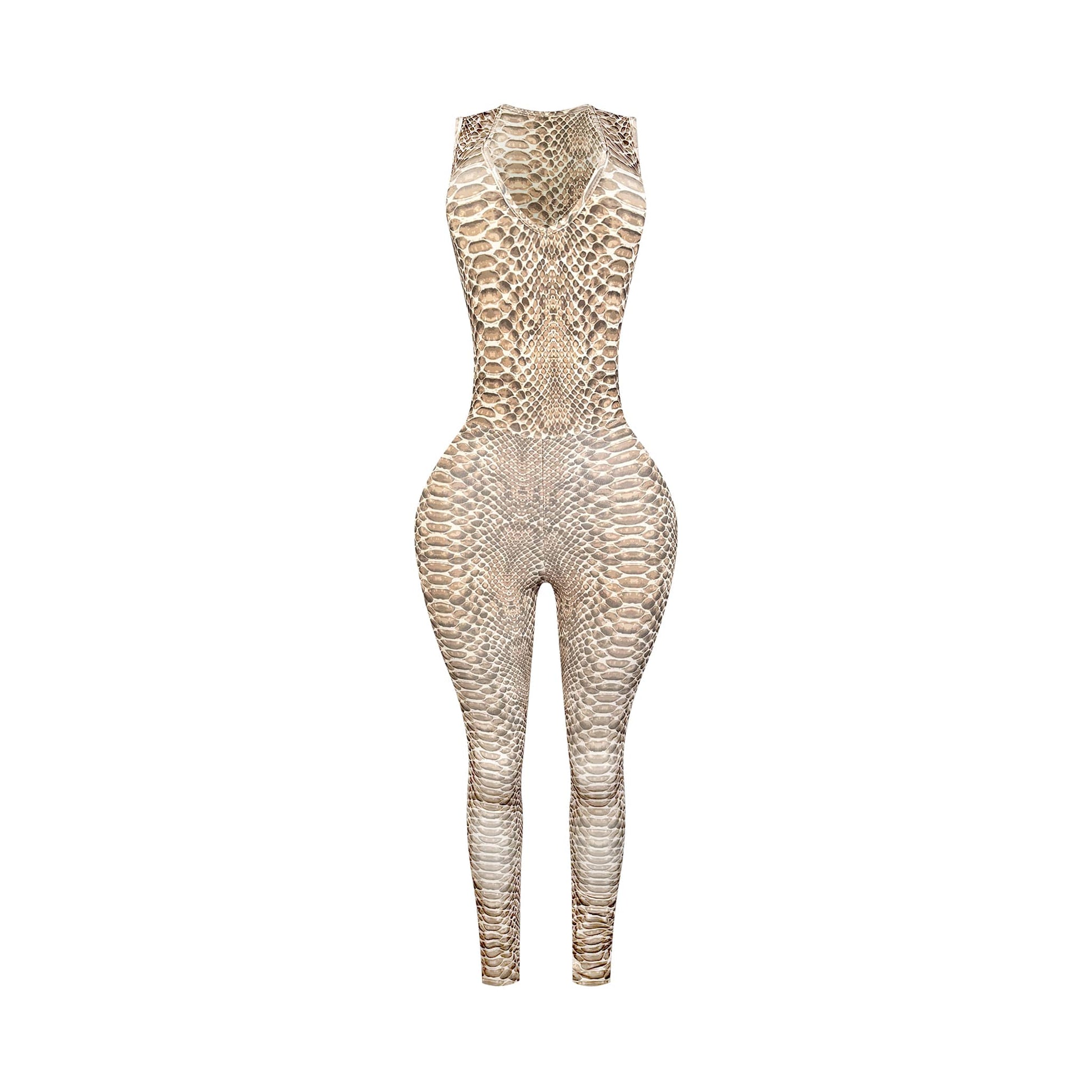 Sleeveless fitted jumpsuit with beige and brown snake print, scoop neckline, and skinny legs.