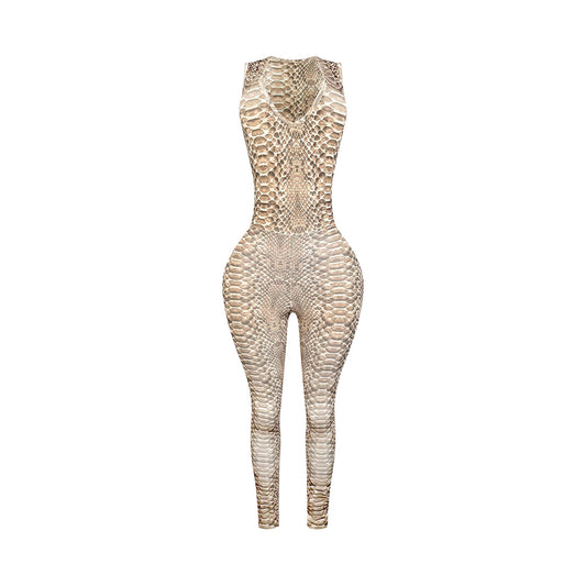 Sleeveless fitted jumpsuit with beige and brown snake print, scoop neckline, and skinny legs.