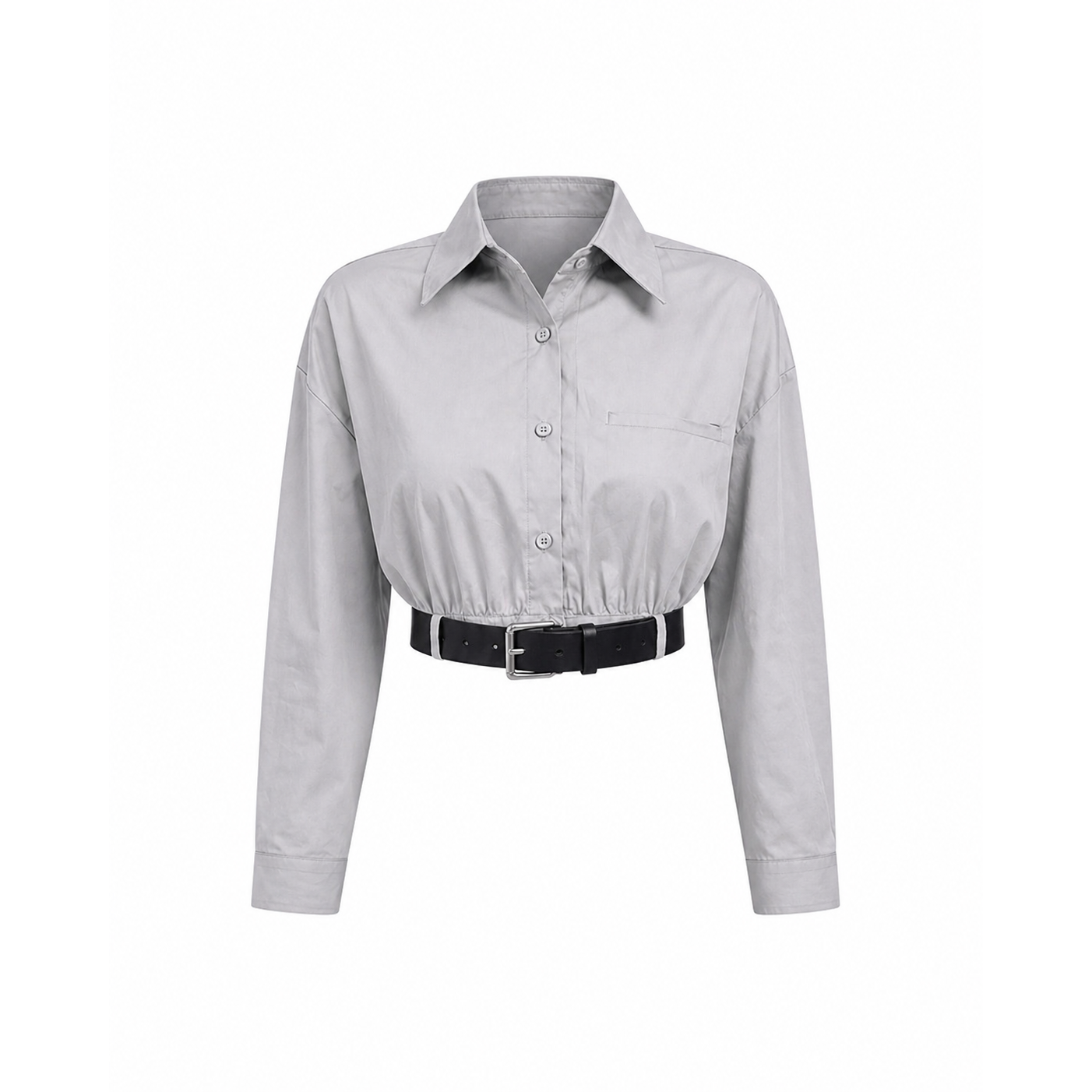 Structured belted cropped shirt front view in light grey with long sleeves and button-down design. 