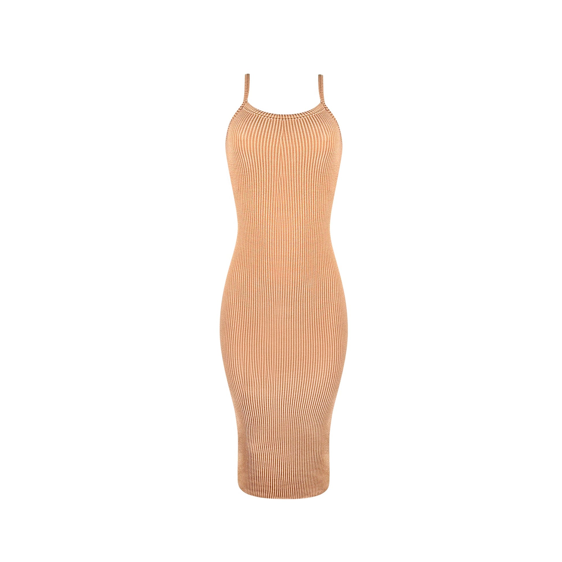 Tan ribbed midi dress with round neckline and stretch fabric for a fitted silhouette.