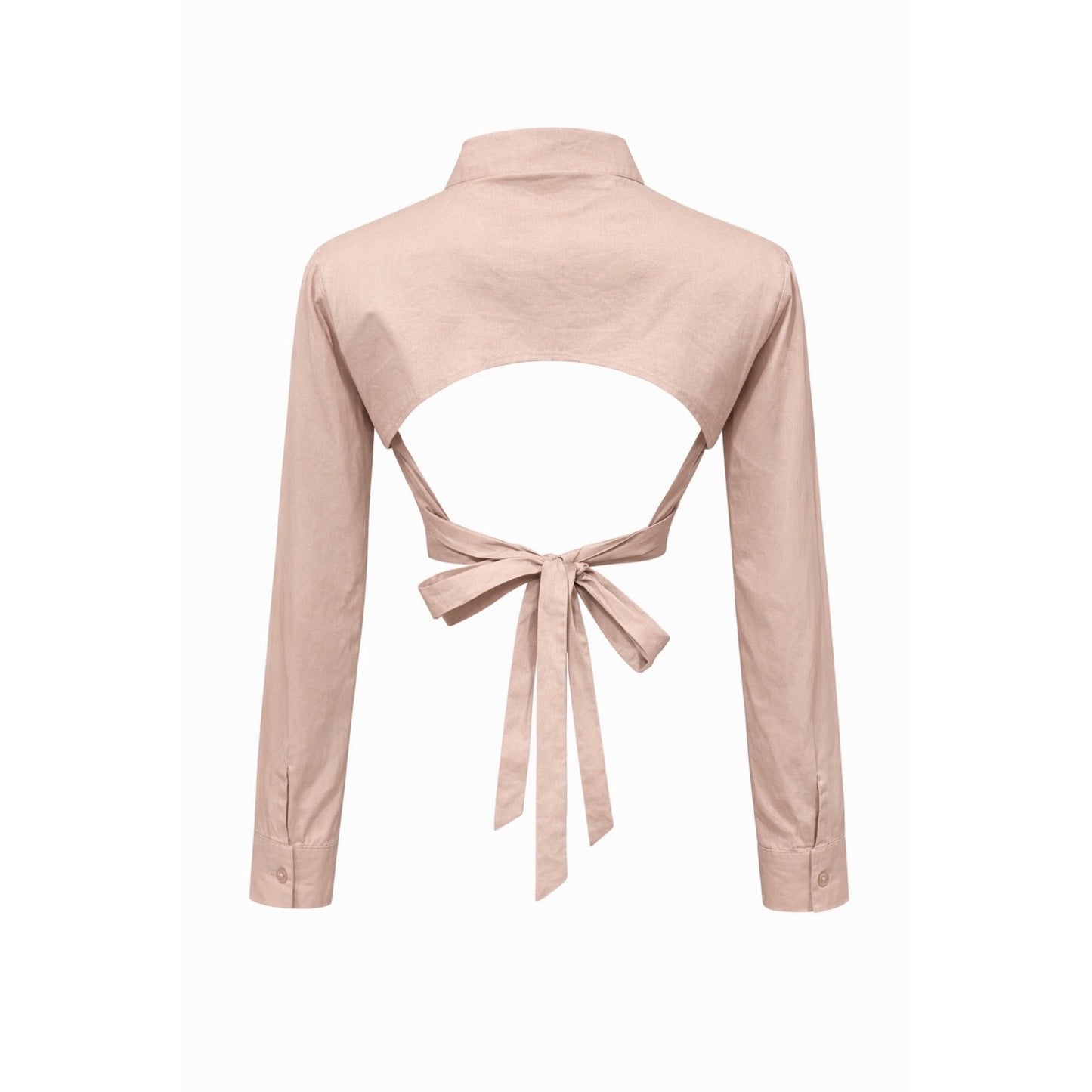 Taupe open back tie crop blouse back view with adjustable waist tie. 