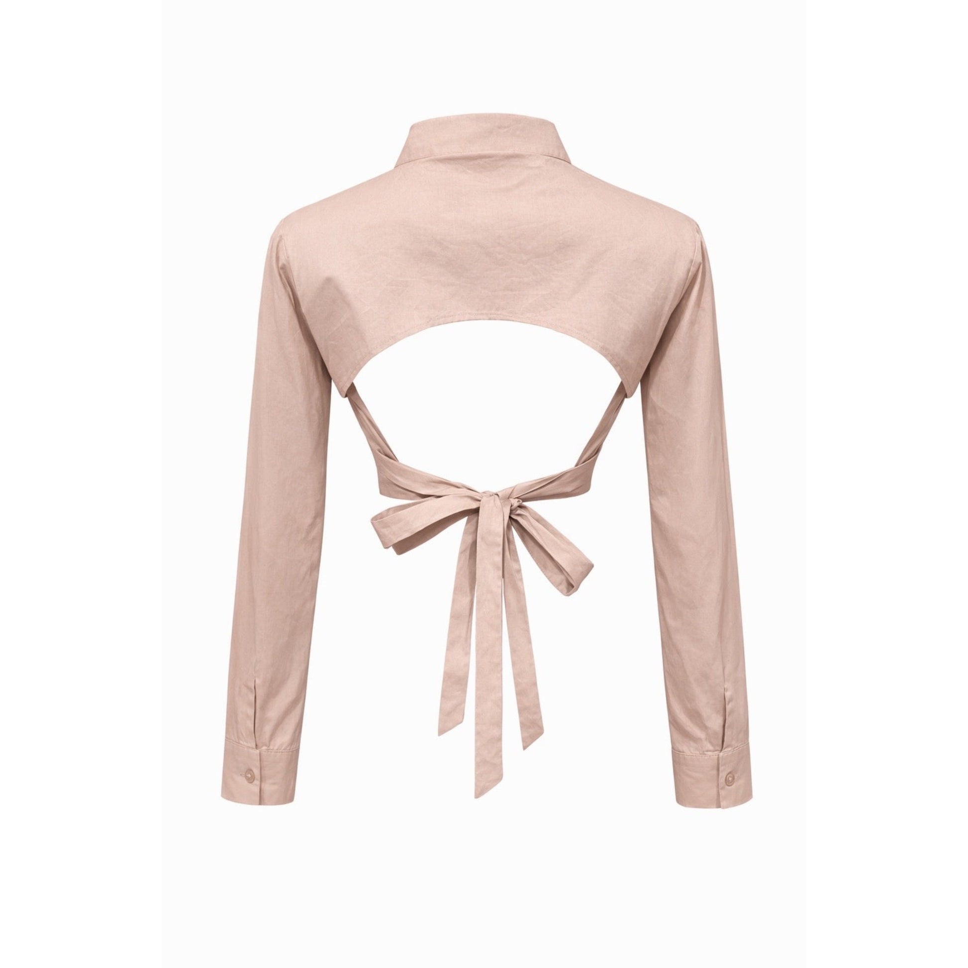 Taupe open back tie crop blouse back view with adjustable waist tie. 