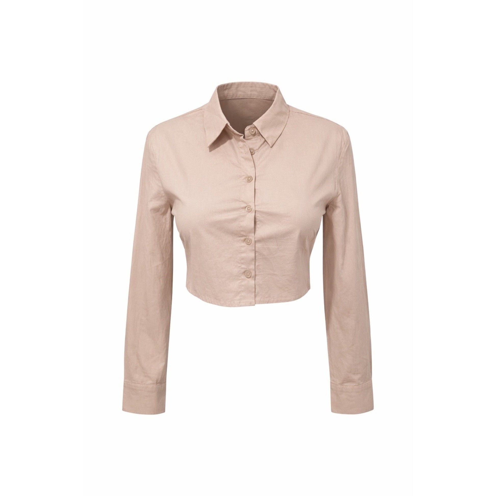 Taupe open back tie crop blouse with collar and button up front