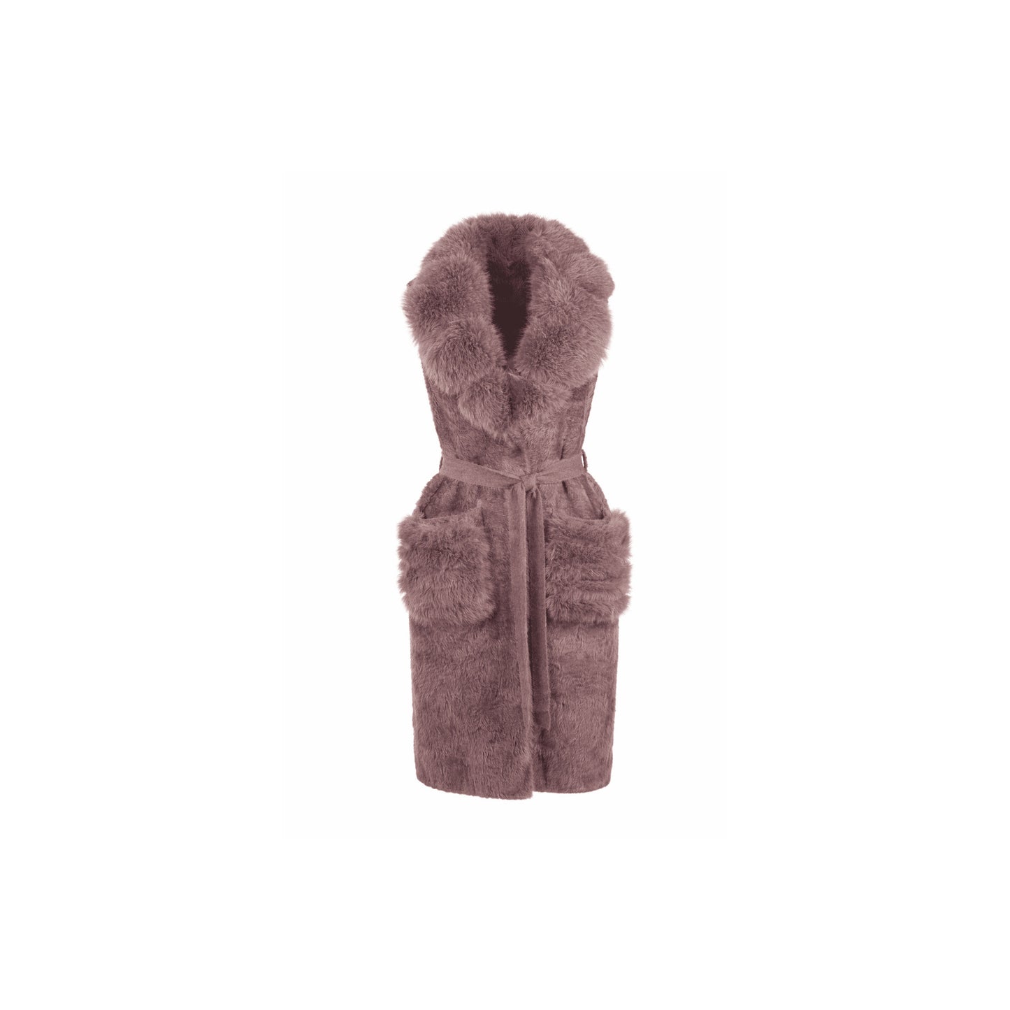Dusty mauve sleeveless faux fur overcoat with soft fur collar, waist belt, and two functional front pockets.